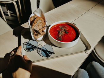 High angle view of food served on table