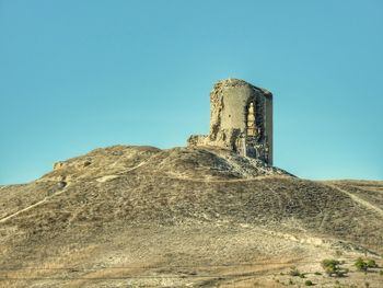 Low angle view of building against clear blue sky