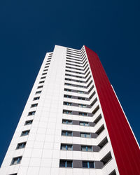 Low angle view of modern building against clear blue sky