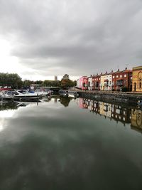 Reflection of buildings in river against sky