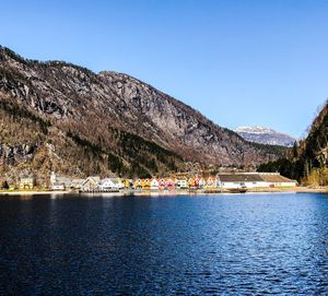 Scenic view of lake by mountain against clear blue sky