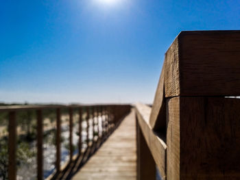 View of wooden fence against clear blue sky