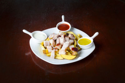 High angle view of food in plate on table