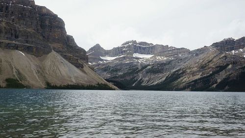 Scenic view of lake in front of rocky mountains against sky