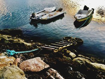 High angle view of ship moored on sea