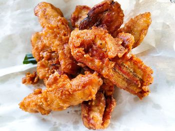 High angle view of meat served in plate