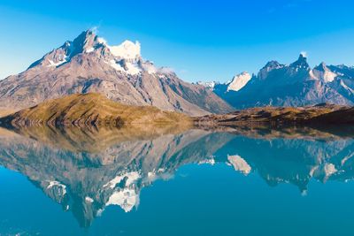 Scenic view of lake and mountains against blue sky