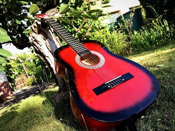 Close-up of guitar on grass