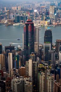 High angle view of buildings in city against sky