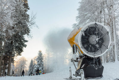 Snowmaking machine in action in ski resort sljeme near zagreb, croatia