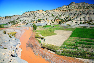 High angle view of river by mountain against sky