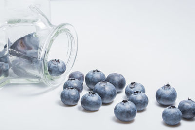 Close-up of blueberry fruits against white background