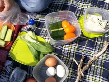 High angle view of vegetables on table