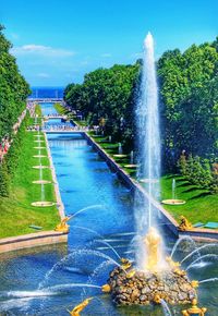 Water splashing in swimming pool against sky