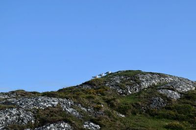 Low angle view of rock formation against clear blue sky