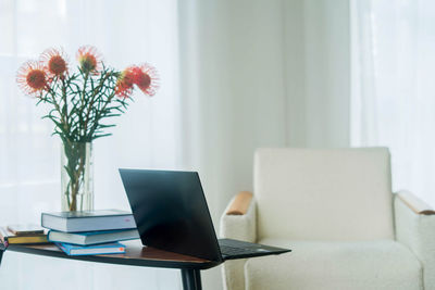 Picture of modern personal computer with blank white copy space screen. mock up of workplace