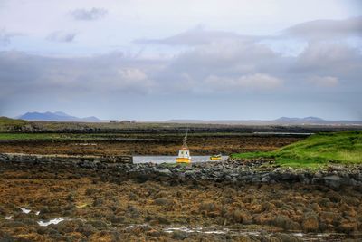 Scenic view of field against cloudy sky