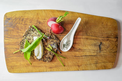 High angle view of food on cutting board