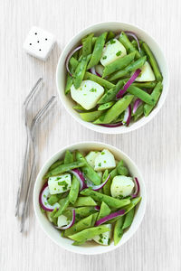High angle view of salad in bowl on table