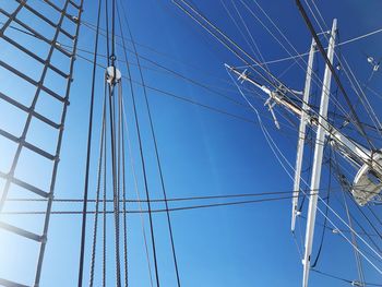 Low angle view of ship against blue sky