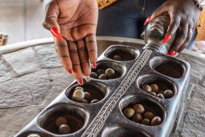 High angle view of man preparing food