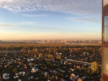 High angle view of cityscape against sky during sunset