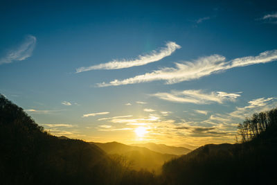 Scenic view of silhouette mountains against sky at sunset