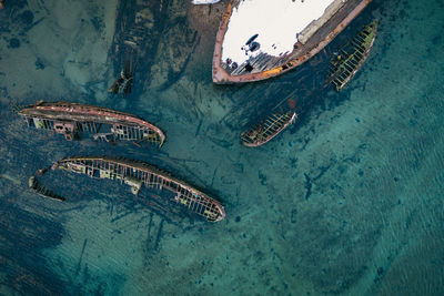 High angle view of ship sailing in sea