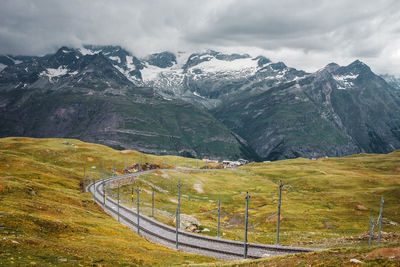 Railway in gornergrat mountains near zermatt, swiss alps. adventure in switzerland, europe.