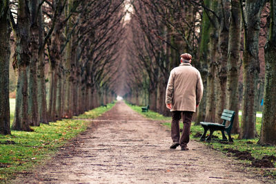 Rear view of man walking on footpath