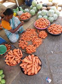 High angle view of vegetables for sale at market stall