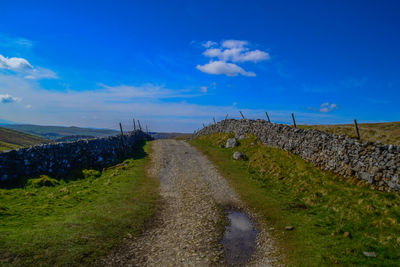 Footpath amidst field against blue sky