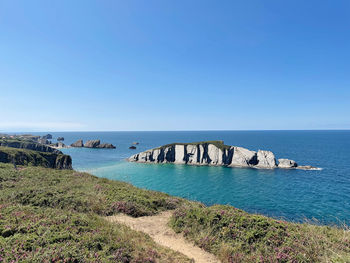 Scenic view of sea against clear blue sky