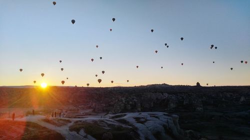 Flock of birds flying against sky during sunset