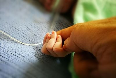 Cropped image of parent holding baby hand