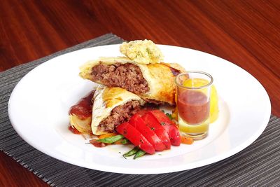 High angle view of meal served on table