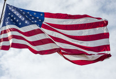 Low angle view of flag flags against sky