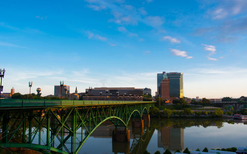 Bridge over river by buildings against sky in city