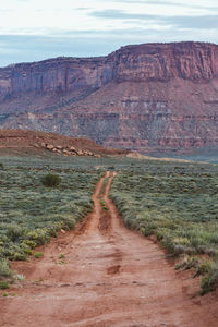 Double track dirt road in the desert beneath red rock buttes of utah