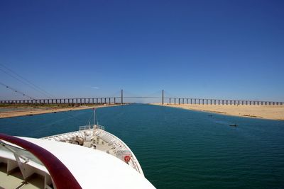 Scenic view of sea against clear blue sky