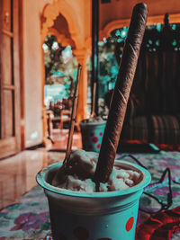 Close-up of ice cream on table