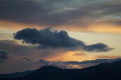 Low angle view of silhouette mountains against dramatic sky
