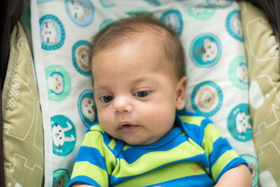 Close-up of cute boy in stroller