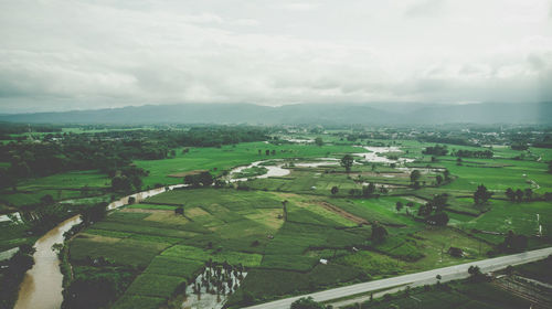 High angle view of agricultural field against sky