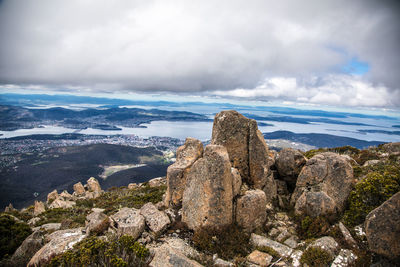 Panoramic view of rock formations on landscape against sky