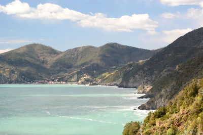Scenic view of sea and mountains against sky
