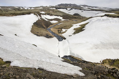 View along a valley in the mountains near skogar in iceland, with still lots of snow in early spring