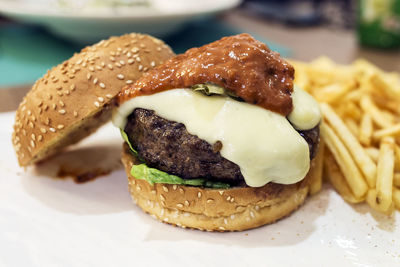 Close-up of hamburger on table