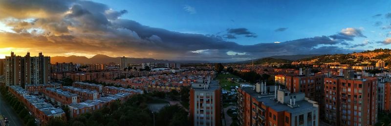 High angle view of townscape against sky during sunset