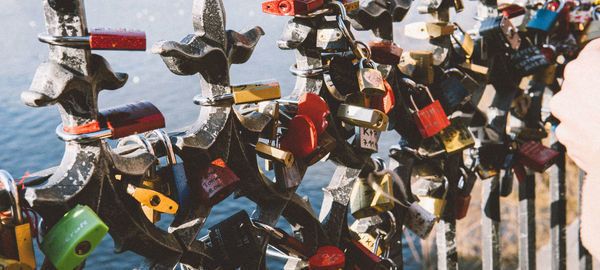 Close-up of padlocks on railing